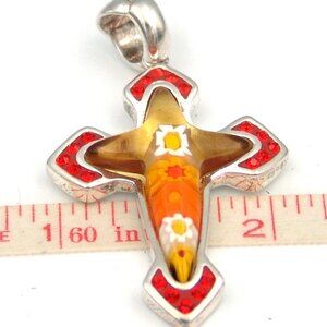 Sterling Silver Millefiori Cross Pendant Red Crystal Handmade Murano Alan K
